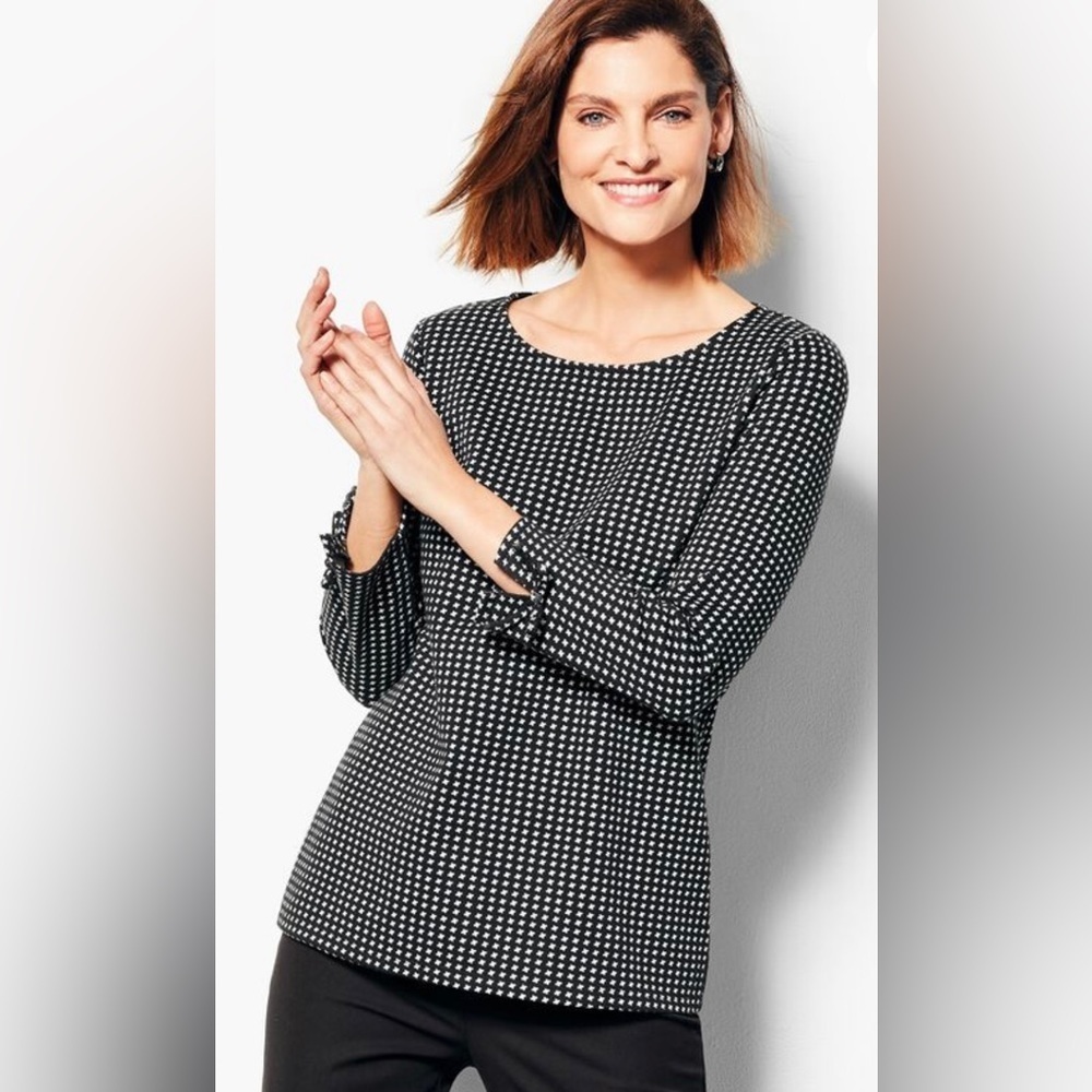 Talbots|Check Jacquard Knit Top in Black & White, Tie Details—Size 2X Petite
